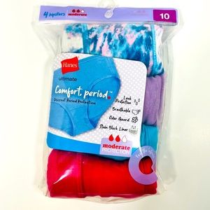 Hanes Girls Comfort Period Hipster Period Underwear Moderate Leak 4 pack Size 10